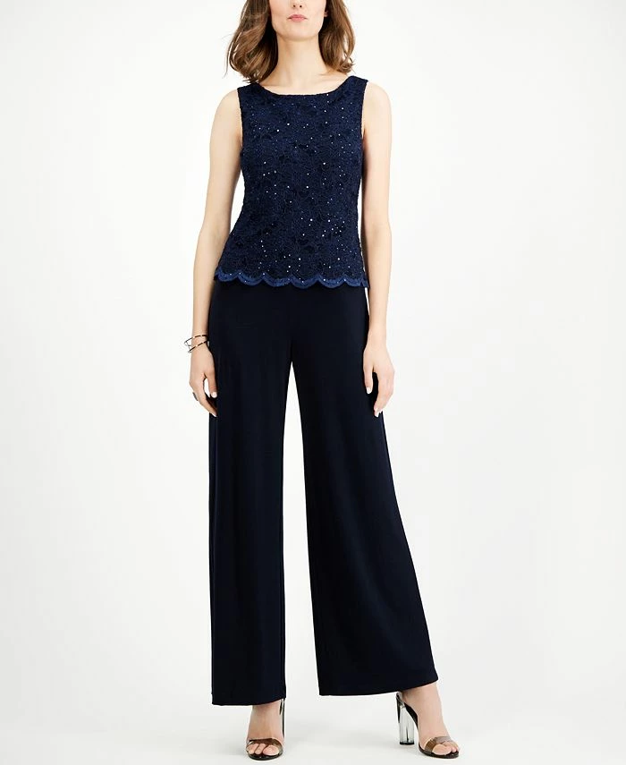 Connected Embellished Lace-Overlay Jumpsuit 1 Connected Embellished Lace-Overlay Jumpsuit