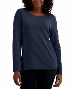Karen Scott Long Sleeve Cotton Scoop-Neckline Top, Created For Macy's