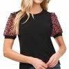 CeCe Women's Short Sleeve Floral Puff-Sleeve Knit Top