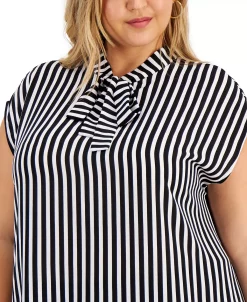 Bar III Trendy Plus Size Tie-Neck Striped Top, Created For Macy's -Anne Klein Sales Store 19288765 fpx