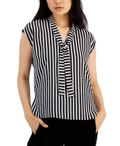 Bar III Women's Striped Tie-Neck Top, Created For Macy's -Anne Klein Sales Store 19288829 fpx