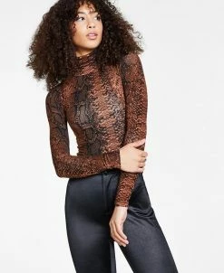Bar III Snakeskin-Print Turtleneck Bodysuit, Created For Macy's