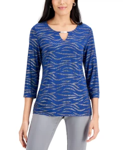 JM Collection Glitter Zebra-Print Embellished-Keyhole Jacquard Top, Created For Macy's -Anne Klein Sales Store 19531182 fpx