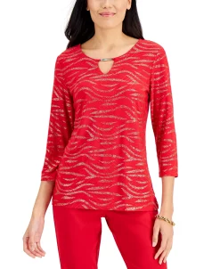 JM Collection Glitter Zebra-Print Embellished-Keyhole Jacquard Top, Created For Macy's -Anne Klein Sales Store 19531184 fpx