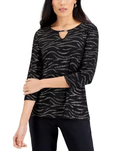 JM Collection Glitter Zebra-Print Embellished-Keyhole Jacquard Top, Created For Macy's