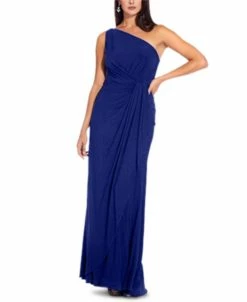 Adrianna Papell One-Shoulder Side-Drape Cascade Matte Jersey Gown