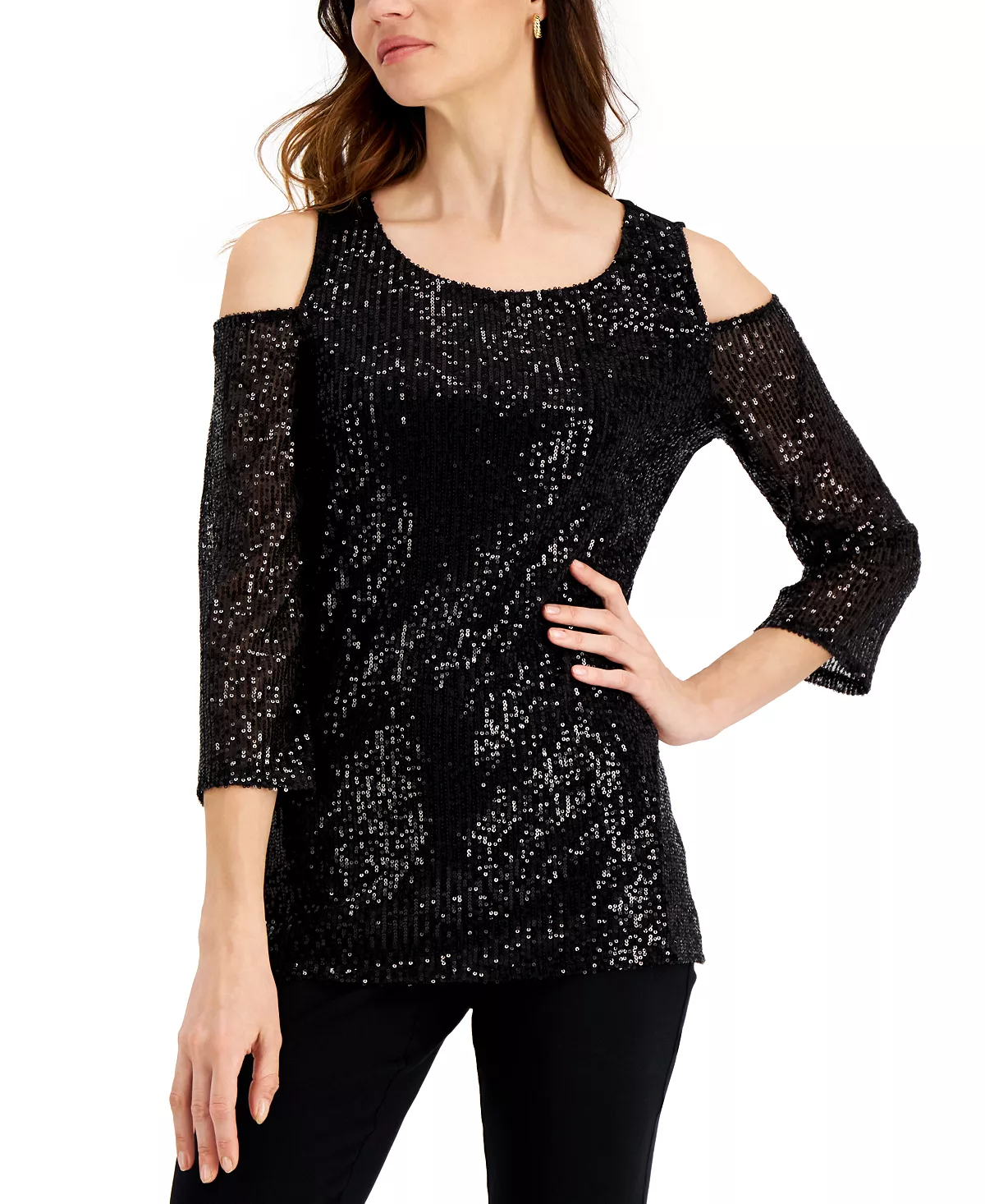 JM Collection Sequin Cold-Shoulder Top, Created For Macy's 4 JM Collection Sequin Cold-Shoulder Top, Created For Macy's - Image 4