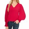 CeCe Women's Solid Smocked-Cuff V-Neck Charmeuse Blouse