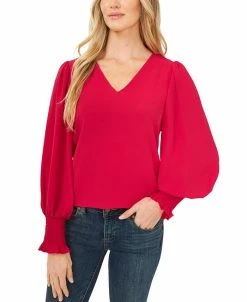 CeCe Women's Solid Smocked-Cuff V-Neck Charmeuse Blouse