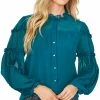 CeCe Women's Solid Ruffled-Sleeve Button-Down Blouse