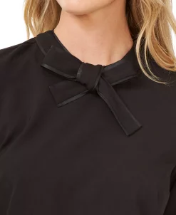 CeCe Women's Faux Suede-Trimmed Tie-Neck Short Sleeve Blouse -Anne Klein Sales Store 19850411 fpx