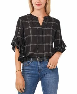 Vince Camuto Plaid Flutter-Sleeve Henley Blouse