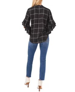 Vince Camuto Plaid Flutter-Sleeve Henley Blouse -Anne Klein Sales Store 19884073 fpx