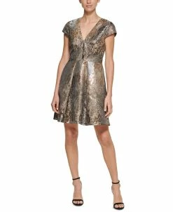 Vince Camuto Metallic Jacquard V-Neck Dress