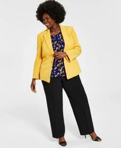 Kasper Plus Size Blazer, Printed Twist-Neck Top & Modern Dress Pants