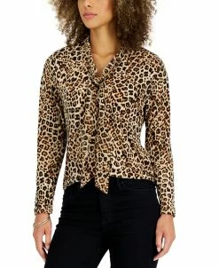 Charter Club Women's Leopard Tie-Neck Blouse, Created For Macy's