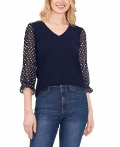 CeCe V-neck Polka Dot Sleeve Top