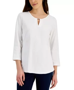 Karen Scott Women's Cotton Split-Neck Hardware Top, Created For Macy's