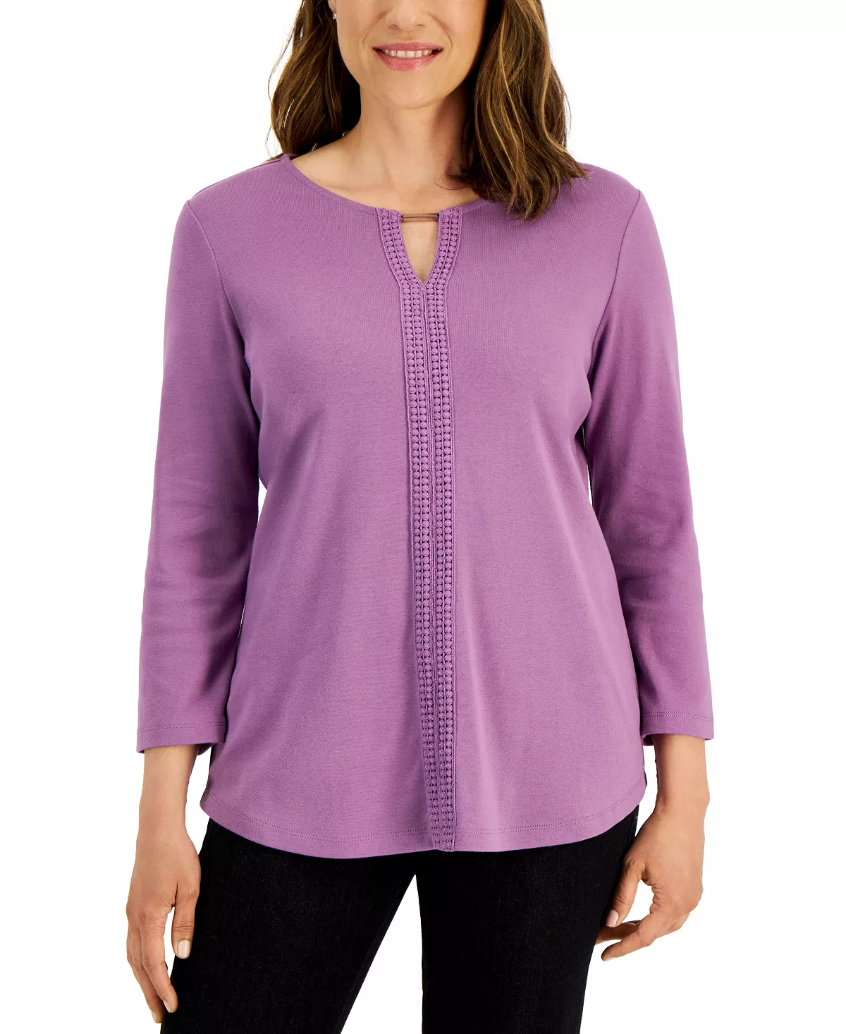 Karen Scott Women's 3/4-Sleeve Crochet Detail Top, Created For Macy's 5 Karen Scott Women's 3/4-Sleeve Crochet Detail Top, Created For Macy's - Image 5