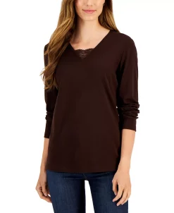 Karen Scott Women's Long Sleeve Lace Inset V-Neck, Created For Macy's -Anne Klein Sales Store 21769051 fpx