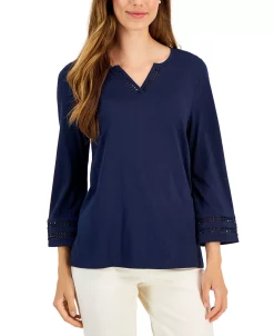 Karen Scott Women's Ladder Trim 3/4-Sleeve Split-Neck Top, Created For Macy's -Anne Klein Sales Store 21817097 fpx