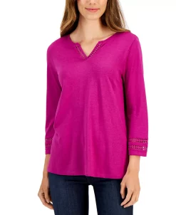 Karen Scott Women's Ladder Trim 3/4-Sleeve Split-Neck Top, Created For Macy's -Anne Klein Sales Store 21817099 fpx