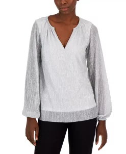 Alfani Women's Pleated Long-Sleeve Shimmer Top, Created For Macy's -Anne Klein Sales Store 22042800 fpx