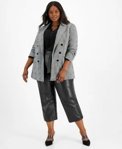 Anne Klein Sales Store 23 Bar III Plus Size Plaid Double-Breasted Blazer, Ruffle Tie-Neck Blouse, & Faux Leather Tie Waist Pants, Created For Macy's