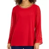 JM Collection Women's Sequin-Neck Sheer-Sleeve Top, Created For Macy's