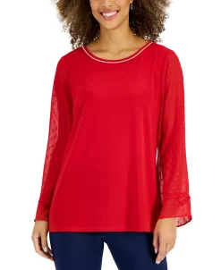 JM Collection Women's Sequin-Neck Sheer-Sleeve Top, Created For Macy's