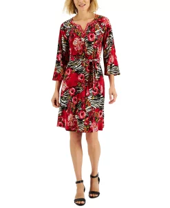 JM Collection Women's Embellished-Neck Printed A-Line Dress, Created For Macy's -Anne Klein Sales Store 22152688 fpx