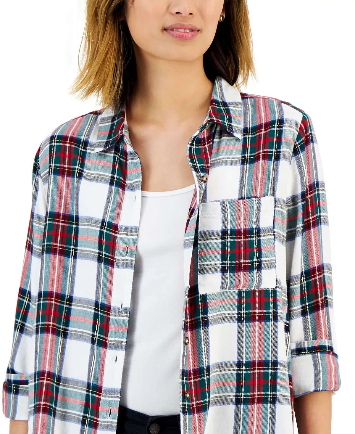 Style & Co Women's Cotton Plaid Button-Front Shirt, Created For Macy's 3 Style & Co Women's Cotton Plaid Button-Front Shirt, Created For Macy's - Image 3
