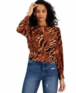 Bar III Women's Animal-Print Keyhole Blouse, Created For Macy's