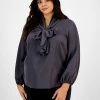Bar III Plus Size Bow-Tie Long-Sleeve Blouse, Created For Macy's