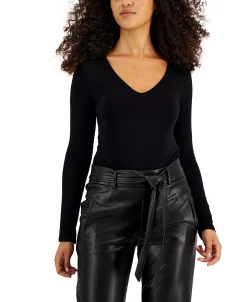 Bar III Women's Long-Sleeve V-Neck Snap-Close Bodysuit, Created For Macy's -Anne Klein Sales Store 22188091 fpx