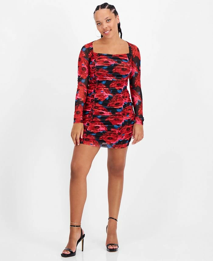 Bar III Women's Ruched Mesh Square-Neck Mini Dress, Created For Macy's 1 Bar III Women's Ruched Mesh Square-Neck Mini Dress, Created For Macy's