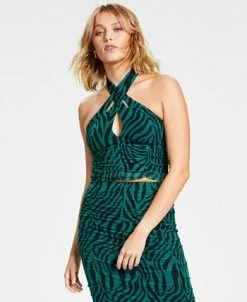 Bar III Women's Zebra-Print Mesh Keyhole Halter-Style Top, Created For Macy's -Anne Klein Sales Store 22188772 fpx