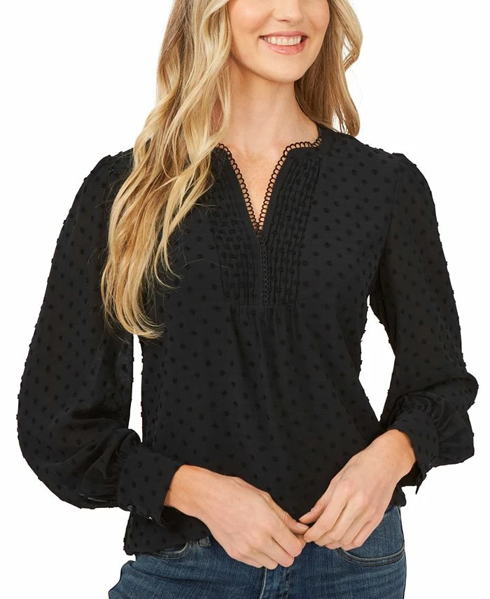 CeCe Women's V-Neck Long-Sleeve Clip-Dot Blouse 1 CeCe Women's V-Neck Long-Sleeve Clip-Dot Blouse
