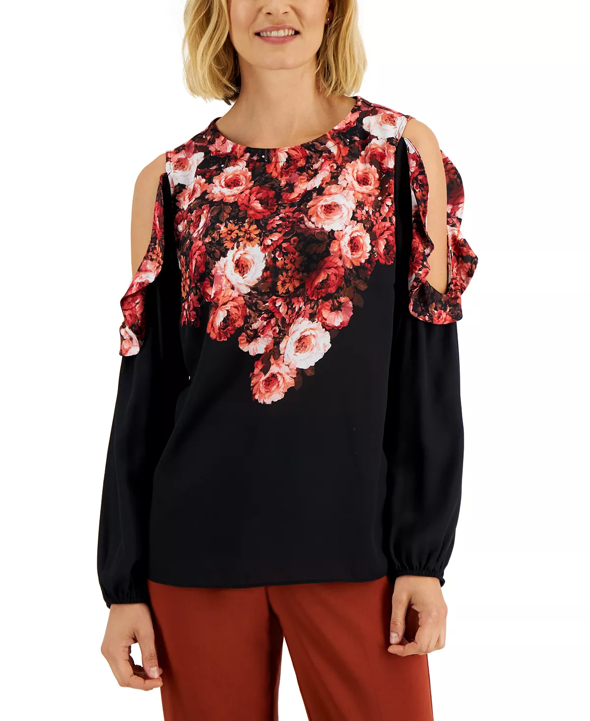 JM Collection Women's Cold-Shoulder Mixed-Media Floral Top, Created For Macy's 4 JM Collection Women's Cold-Shoulder Mixed-Media Floral Top, Created For Macy's - Image 4