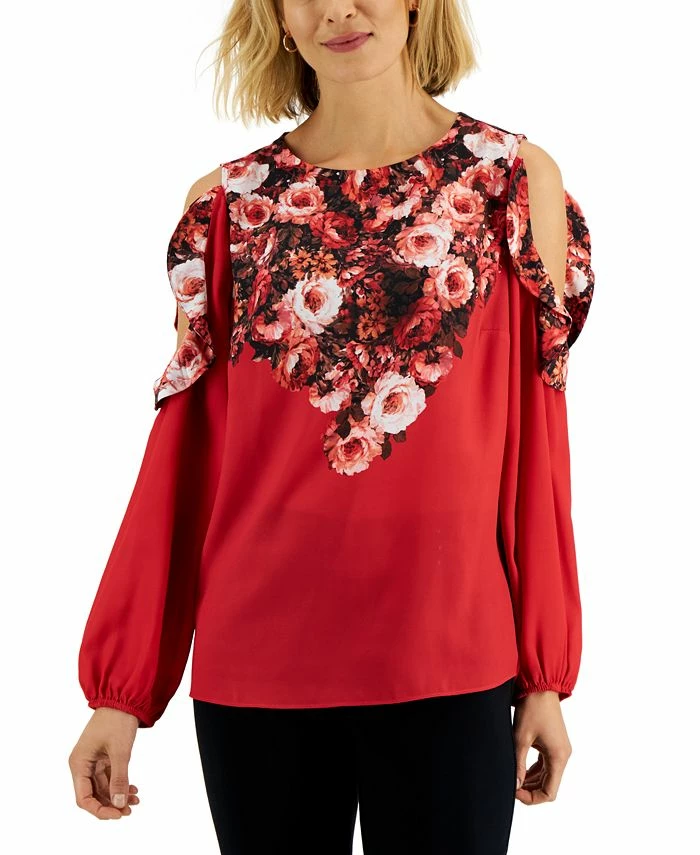 JM Collection Women's Cold-Shoulder Mixed-Media Floral Top, Created For Macy's 1 JM Collection Women's Cold-Shoulder Mixed-Media Floral Top, Created For Macy's