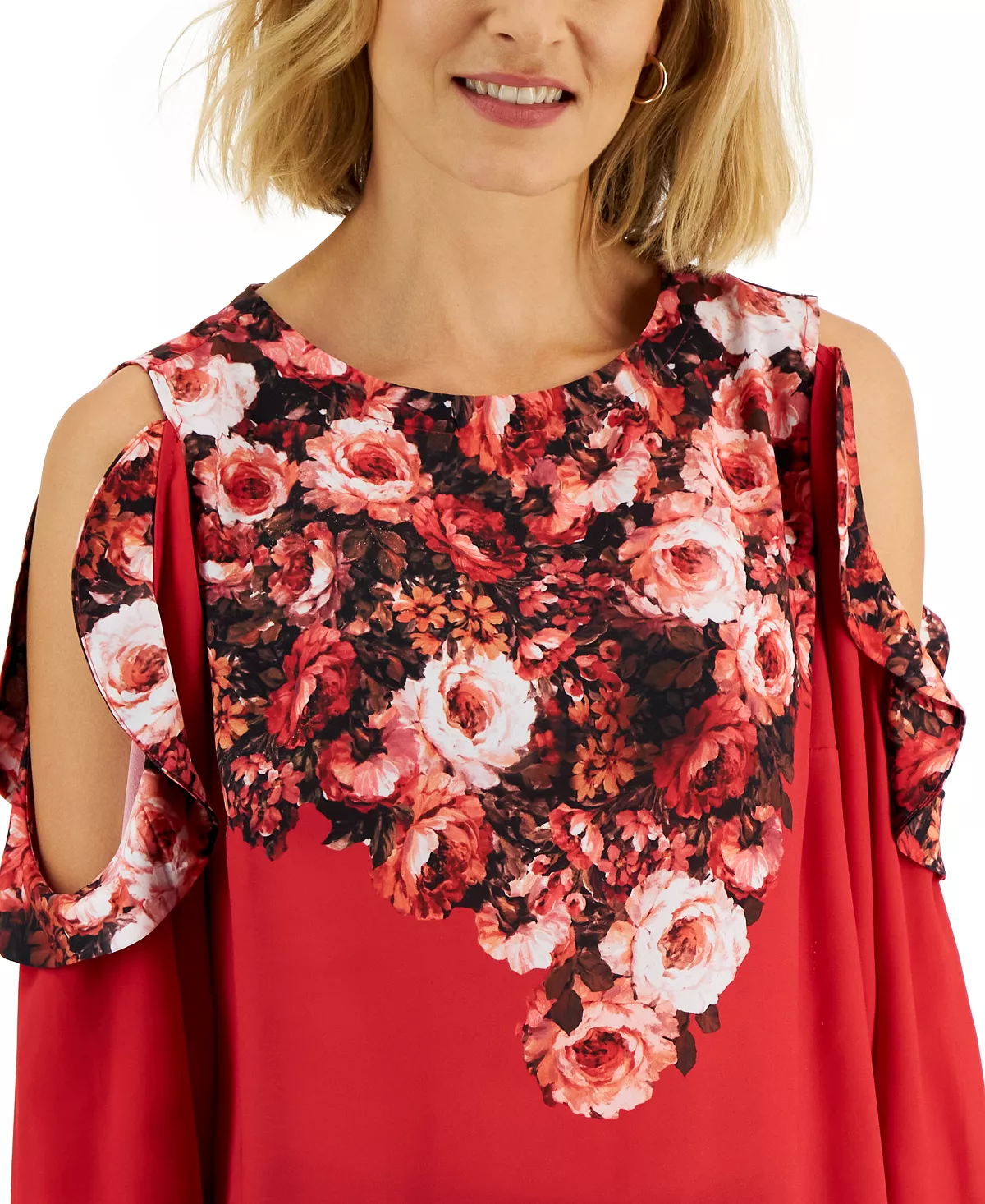 JM Collection Women's Cold-Shoulder Mixed-Media Floral Top, Created For Macy's 3 JM Collection Women's Cold-Shoulder Mixed-Media Floral Top, Created For Macy's - Image 3