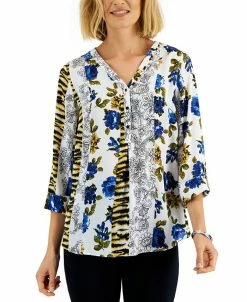 JM Collection Women's Printed Roll-Tab-Sleeve Top, Created For Macy's