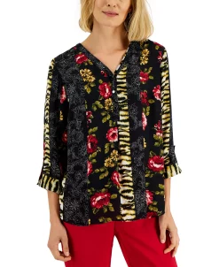 JM Collection Women's Printed Roll-Tab-Sleeve Top, Created For Macy's -Anne Klein Sales Store 22269586 fpx