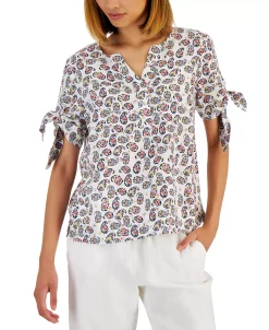 Charter Club Women's Linen Tie-Sleeve Top, Created For Macy's -Anne Klein Sales Store 22270237 fpx