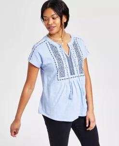 Style & Co Women's Embroidered Split-Neckline Top, Created For Macy's