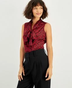 Bar III Women's Animal-Print Tie-Neck Blouse, Created For Macy's