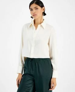 Bar III Women's Cropped Button-Front Long-Sleeve Blouse, Created For Macy's
