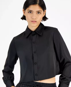 Bar III Women's Cropped Button-Front Long-Sleeve Blouse, Created For Macy's -Anne Klein Sales Store 22299147 fpx