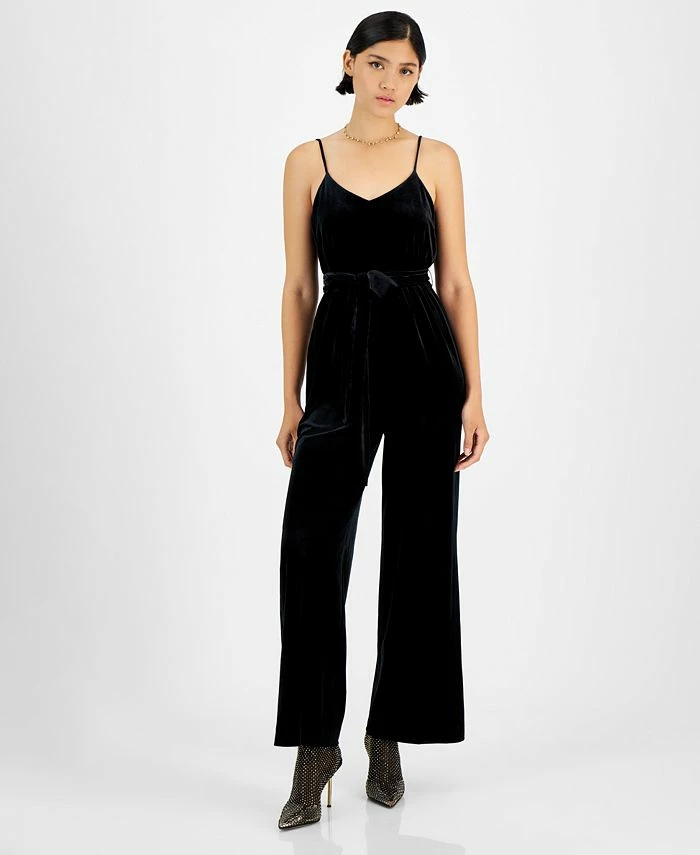 Bar III Women's Velvet V-Neck Scoop-Back Belted Jumpsuit, Created For Macy's 1 Bar III Women's Velvet V-Neck Scoop-Back Belted Jumpsuit, Created For Macy's