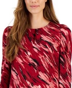 Kasper Women's Pleat-Neck Printed Long-Sleeve Top -Anne Klein Sales Store 22302789 fpx